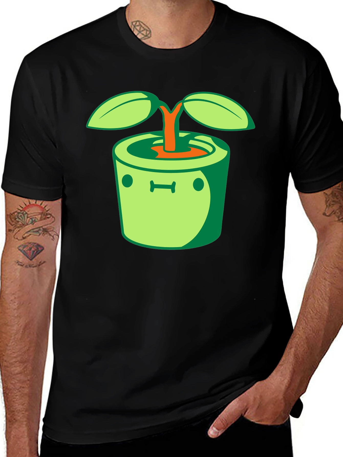 Funny Sprout Pot Graphic Tee - Black Cotton T-Shirt