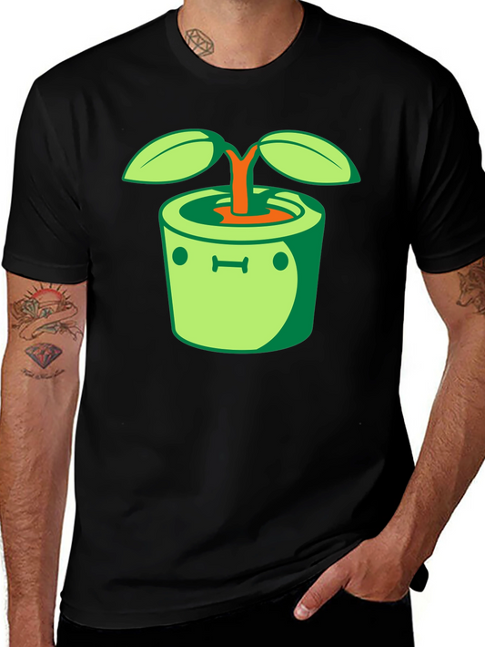Funny Sprout Pot Graphic Tee - Black Cotton T-Shirt