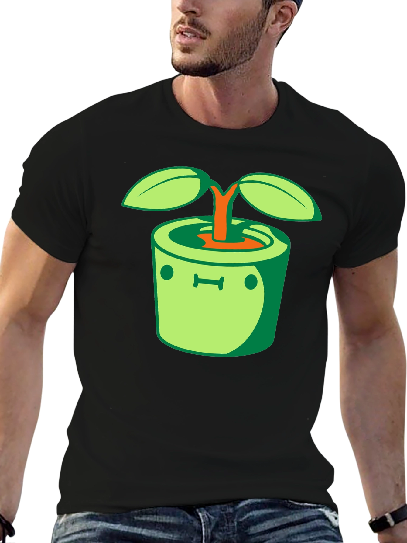 Funny Sprout Pot Graphic Tee - Black Cotton T-Shirt