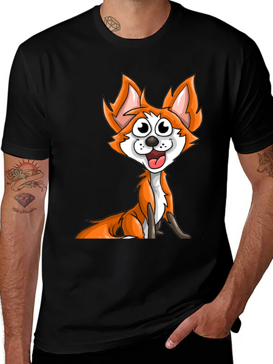 Cartoon Fox Graphic Tee - Black Crew Neck T-Shirt