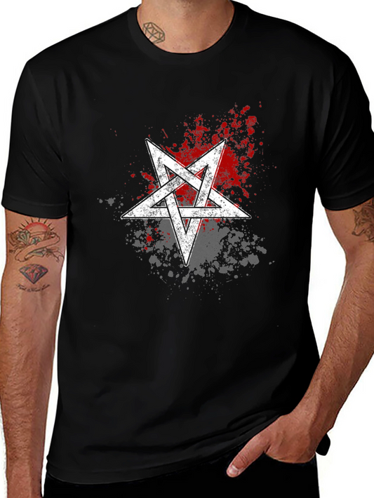 Pentagram Splatter Print Black T-Shirt