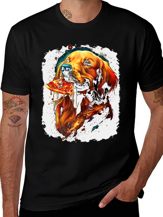 Dog Eating Pizza Graphic Black T-Shirt