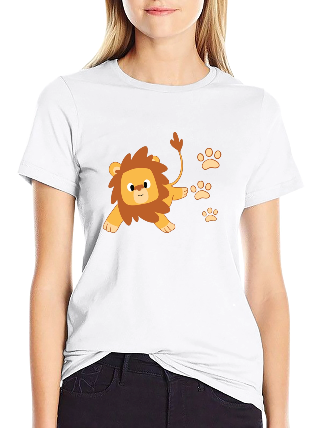Cute Lion Cub Print Black T-Shirt
