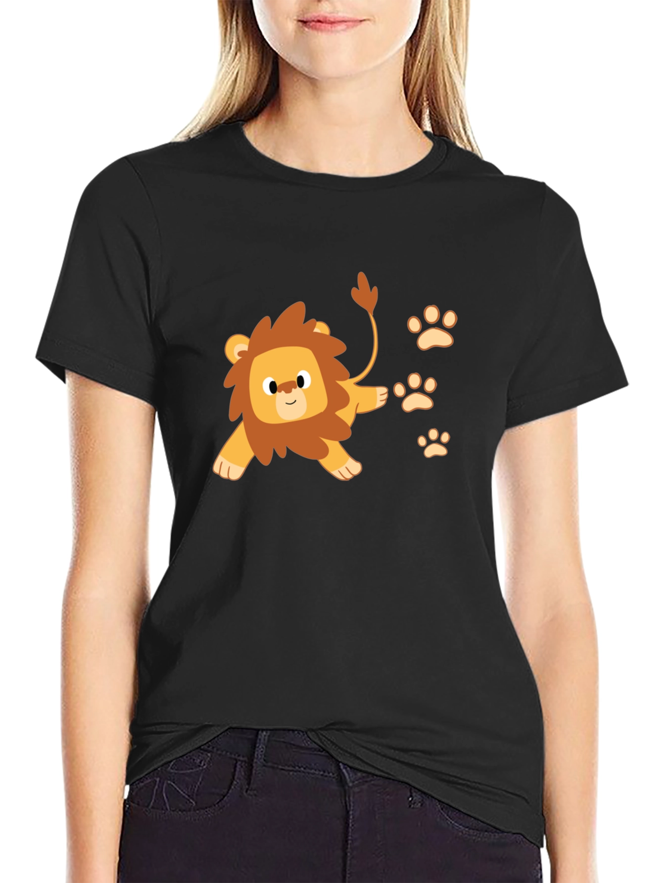 Cute Lion Cub Print Black T-Shirt