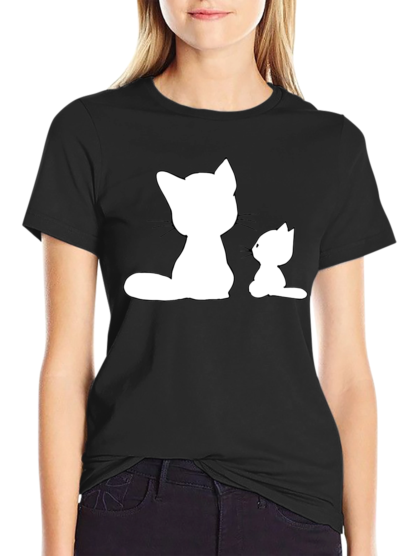 Cute Cat Silhouette Graphic Tee - Black Cotton T-Shirt