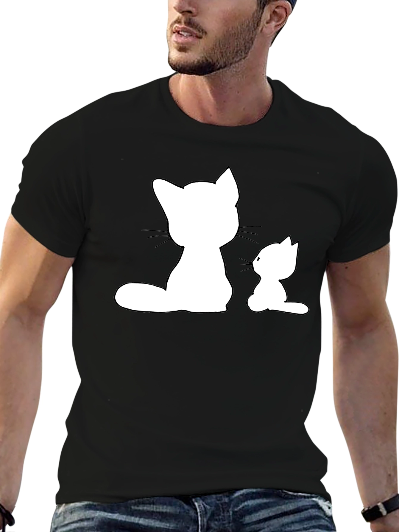 Cute Cat Silhouette Graphic Tee - Black Cotton T-Shirt