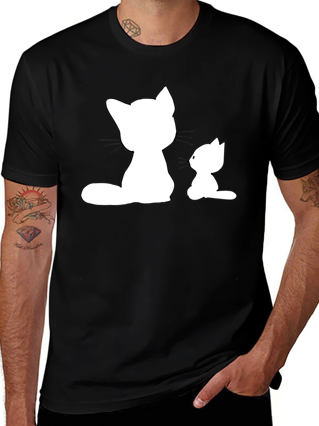 Cute Cat Silhouette Graphic Tee - Black Cotton T-Shirt
