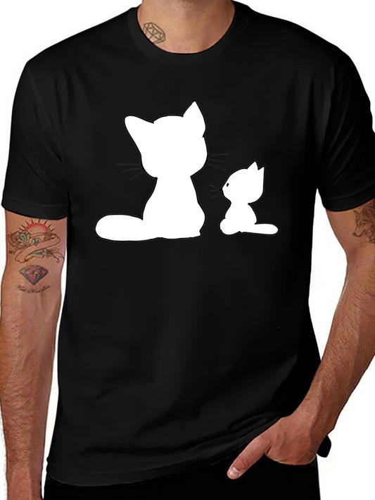 Cute Cat Silhouette Graphic Tee - Black Cotton T-Shirt