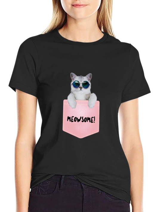 Meowsome Cat in Pocket Graphic T-Shirt