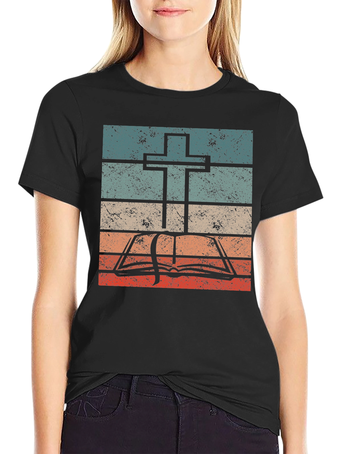 Retro Cross and Bible Graphic T-Shirt