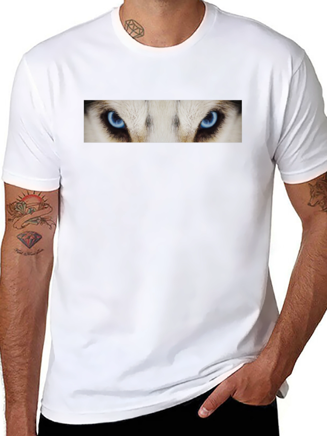 Black T-Shirt with Striking Wolf Eyes Graphic Print