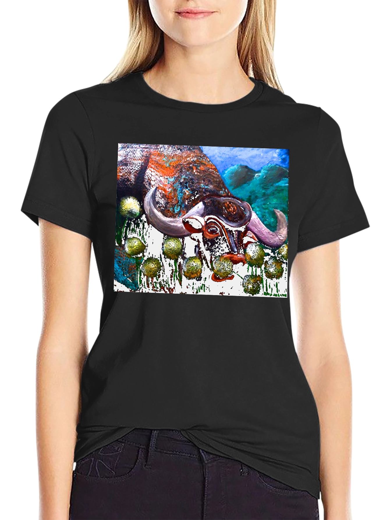 Bull Painting Graphic Print Black Tee