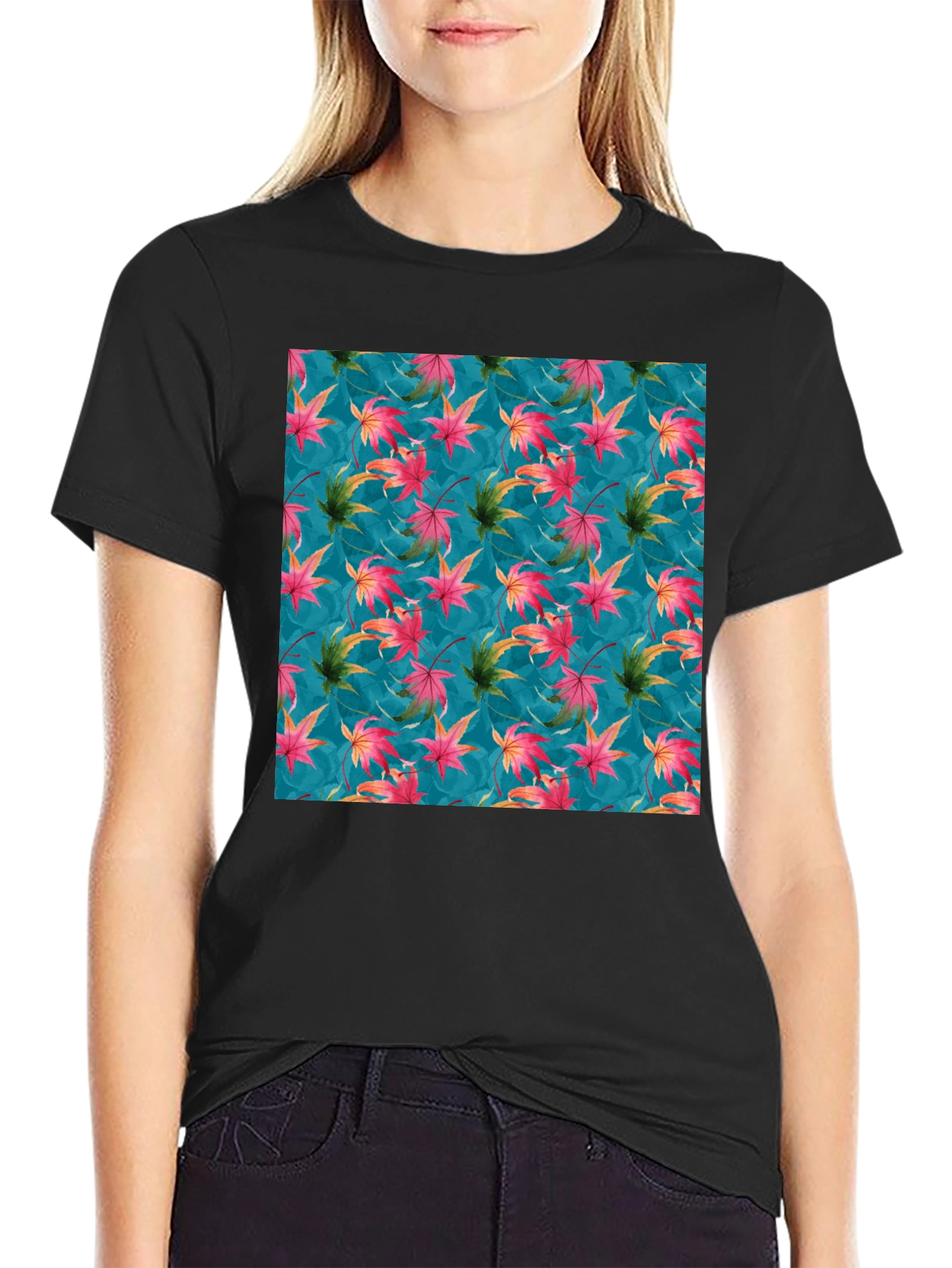 Autumn Leaves Print Crew Neck T-Shirt