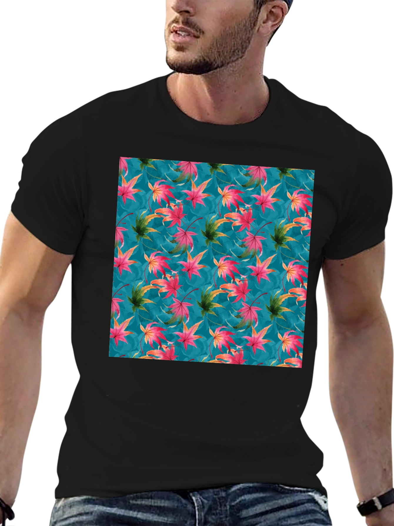 Autumn Leaves Print Crew Neck T-Shirt