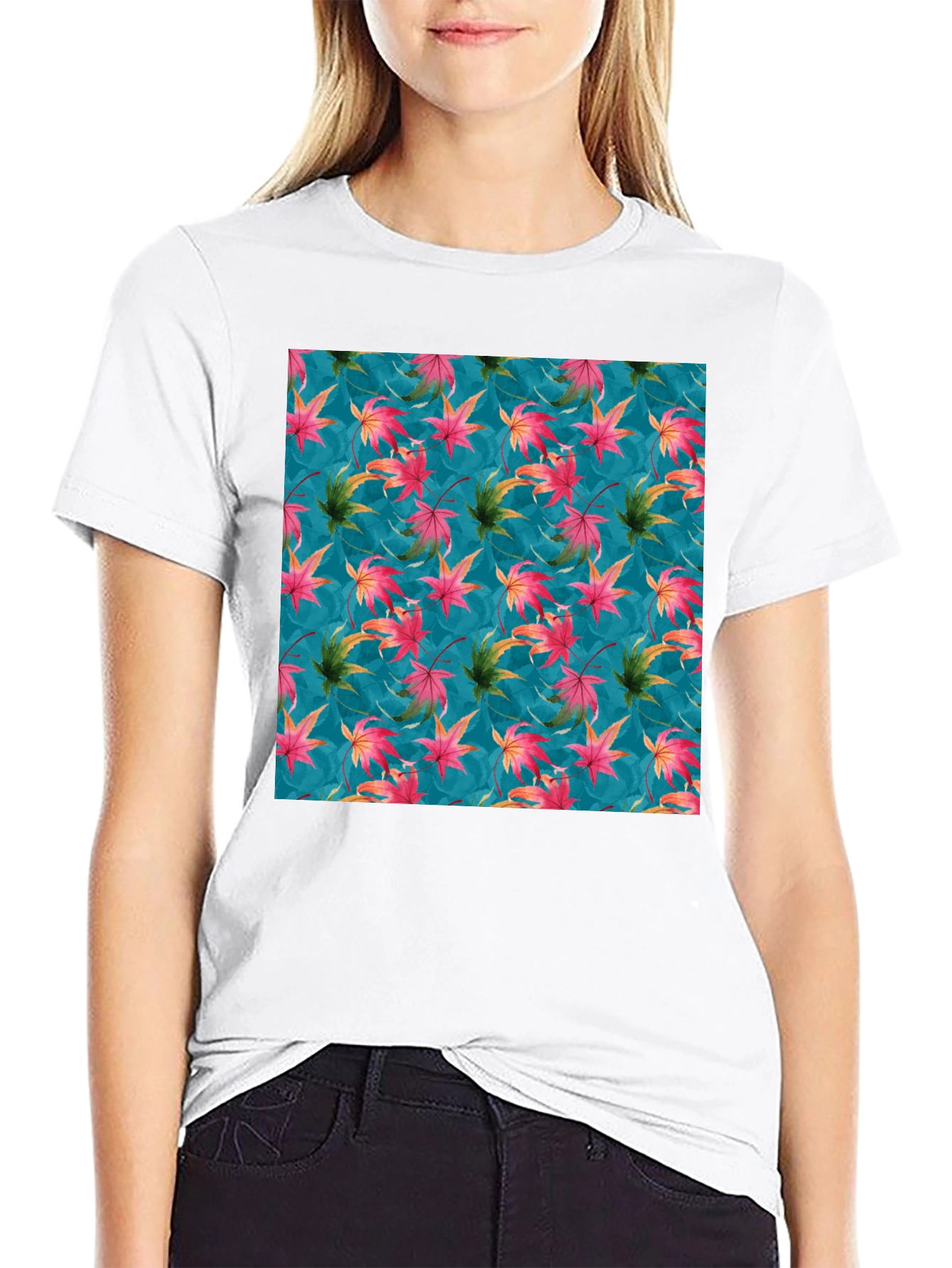Autumn Leaves Print Crew Neck T-Shirt