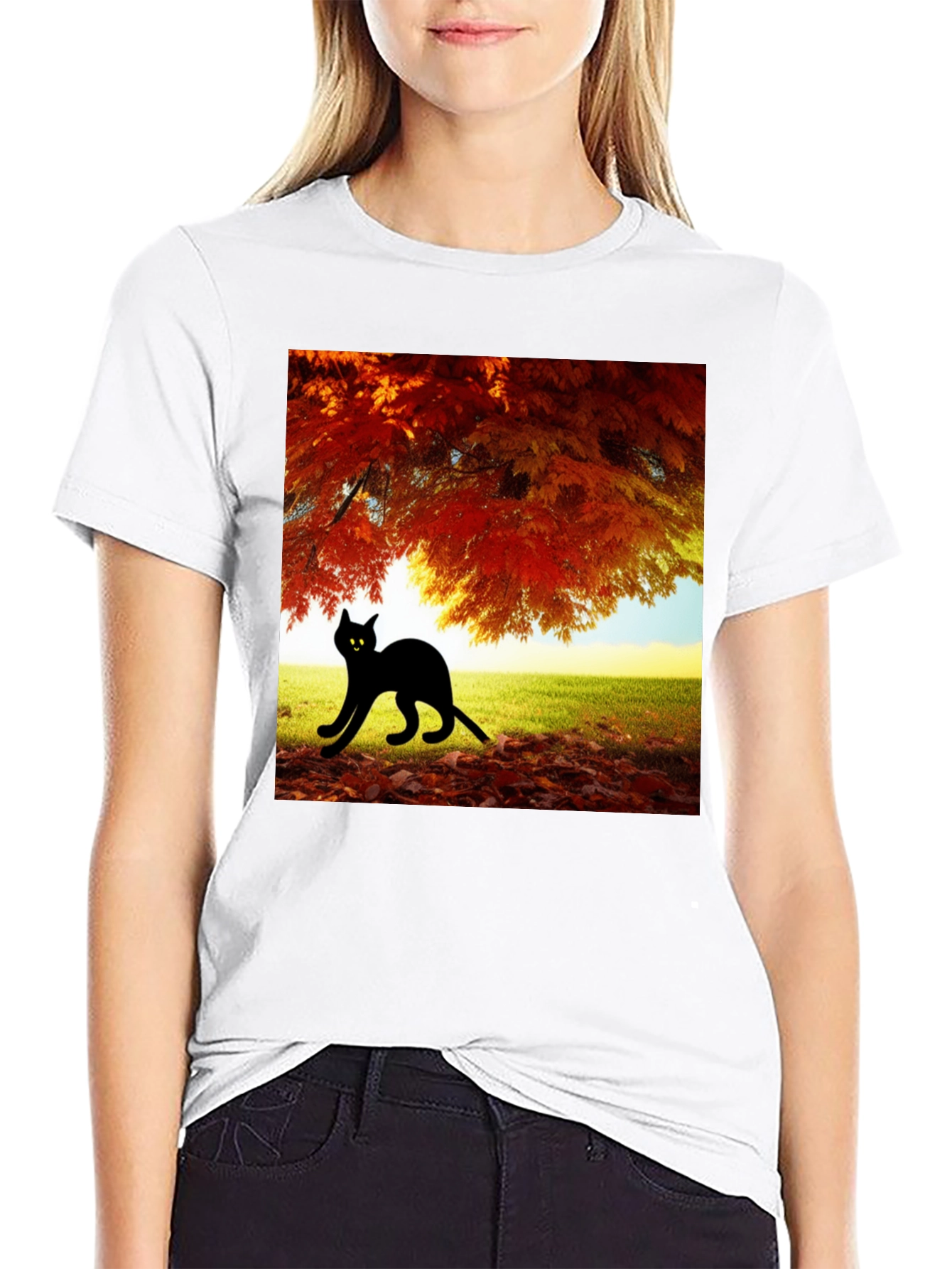 Fall Cat T-Shirt: Black Cat Under Autumn Tree