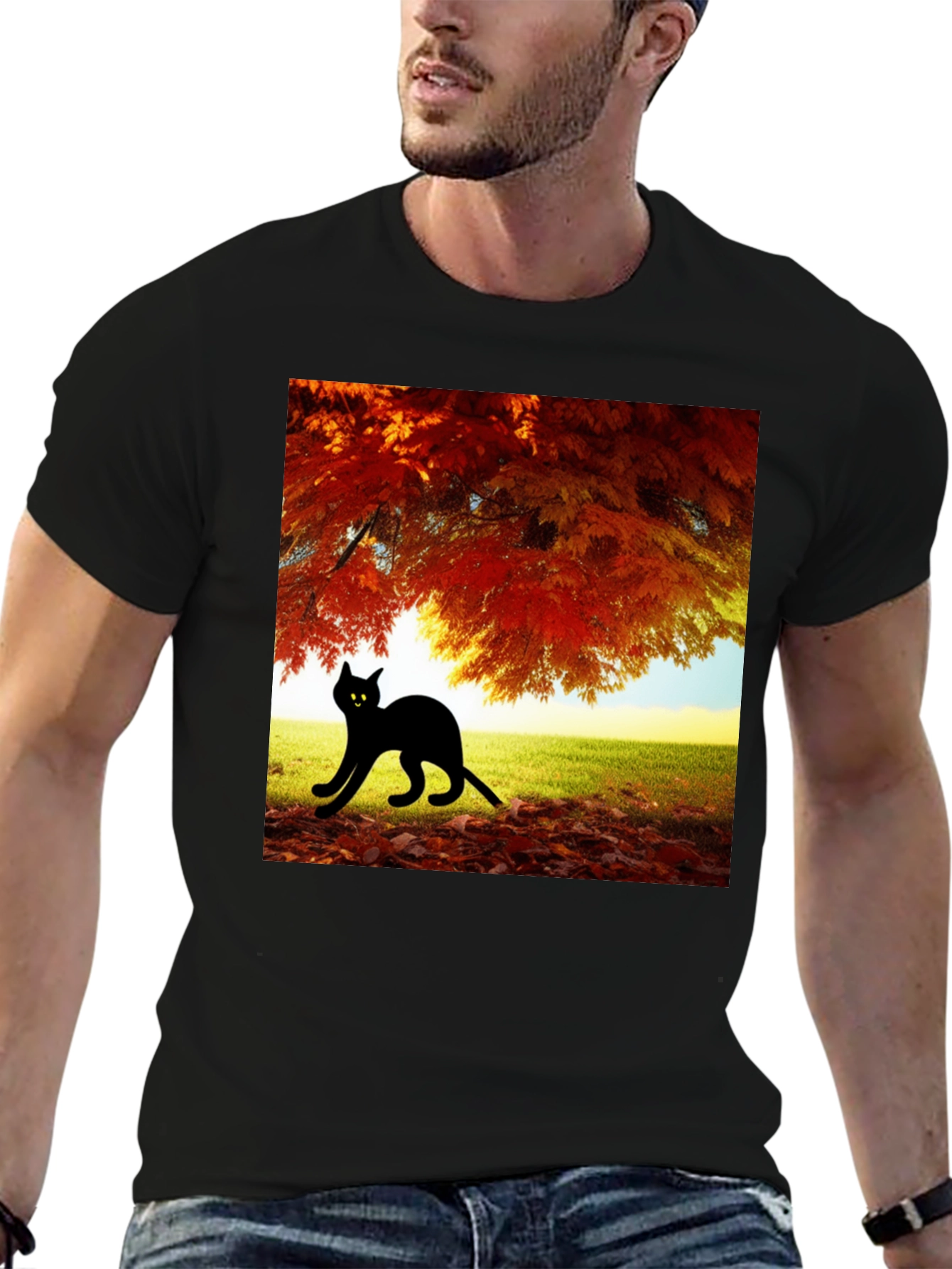 Fall Cat T-Shirt: Black Cat Under Autumn Tree