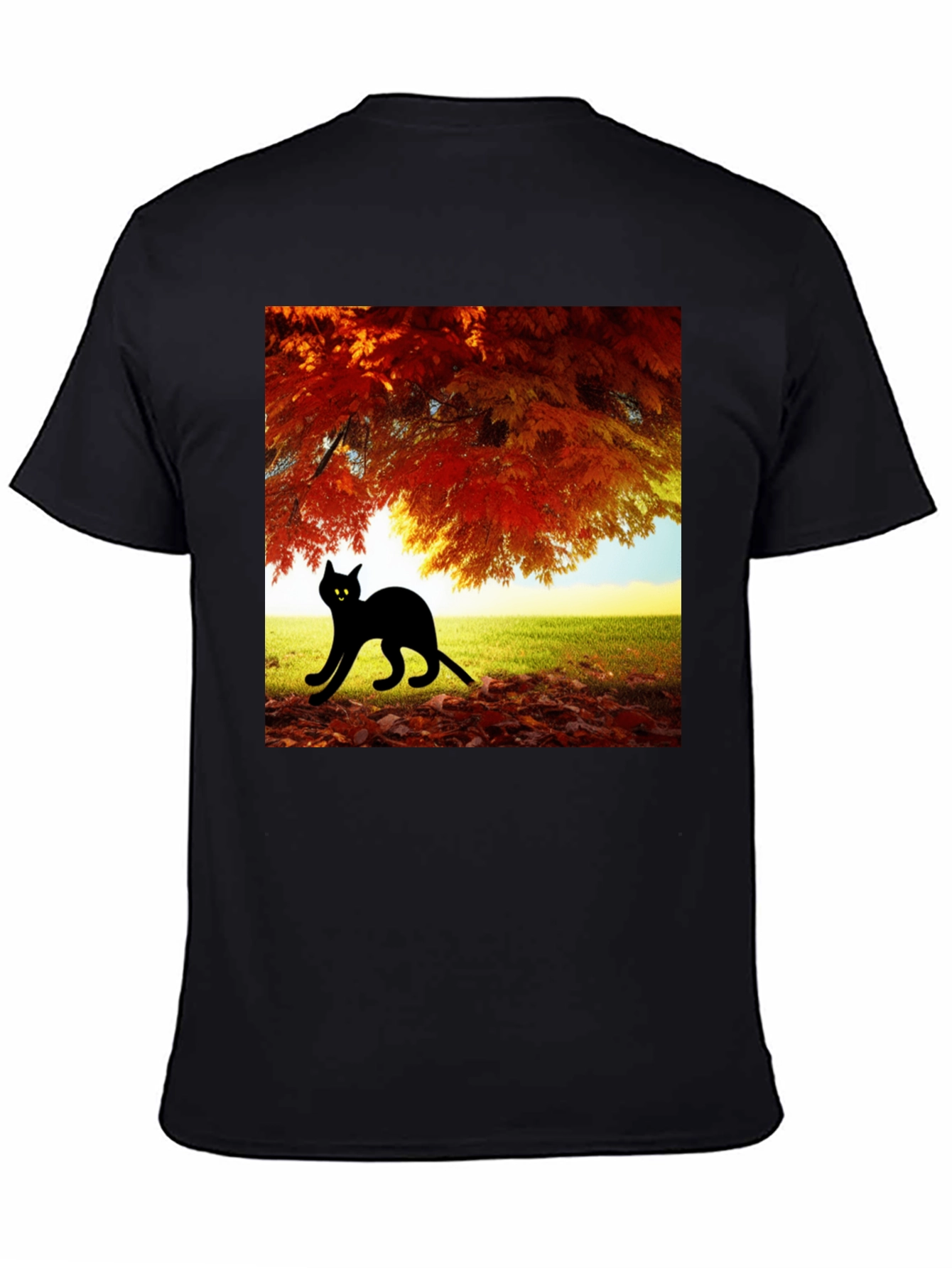 Fall Cat T-Shirt: Black Cat Under Autumn Tree