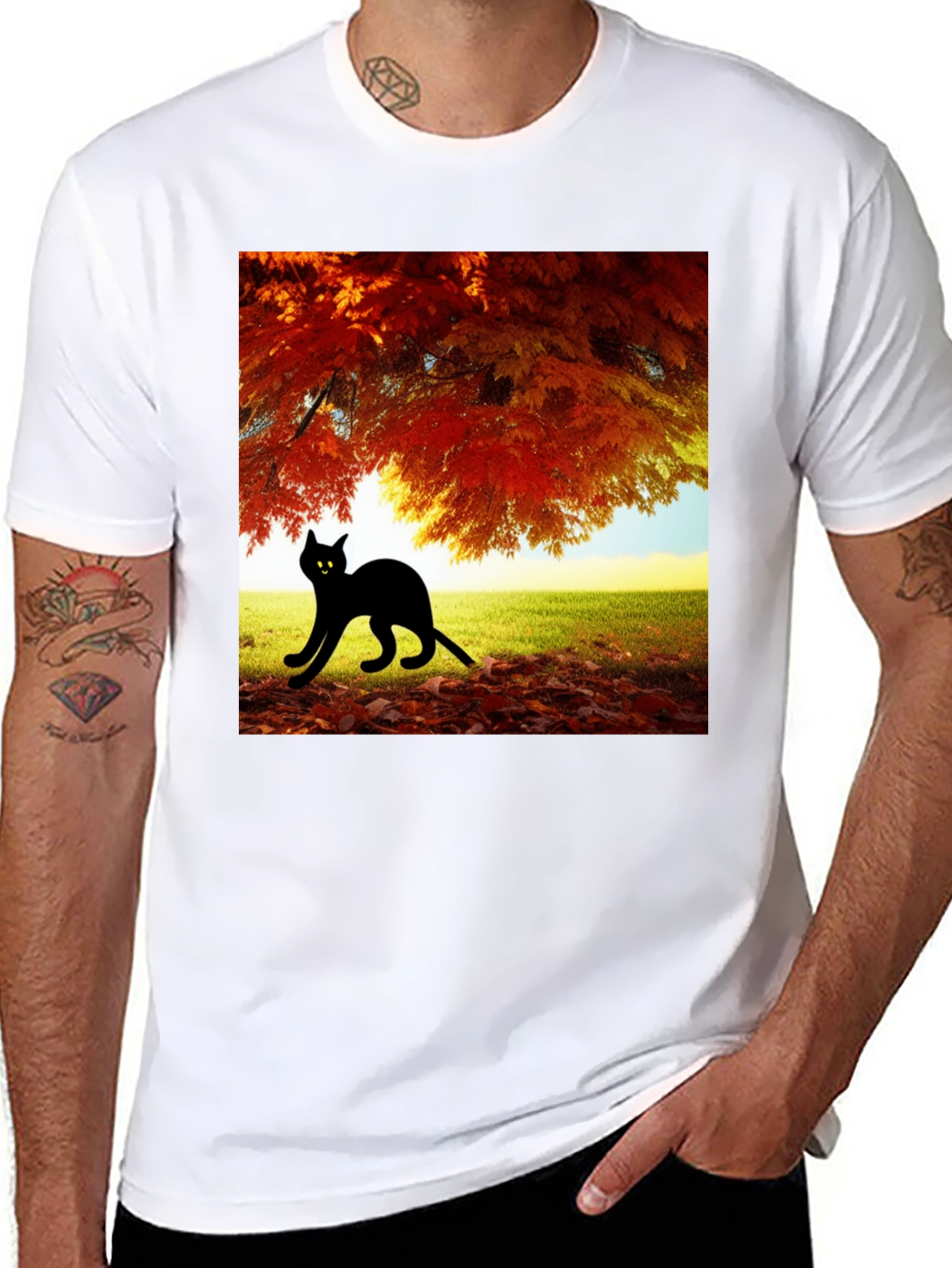 Fall Cat T-Shirt: Black Cat Under Autumn Tree