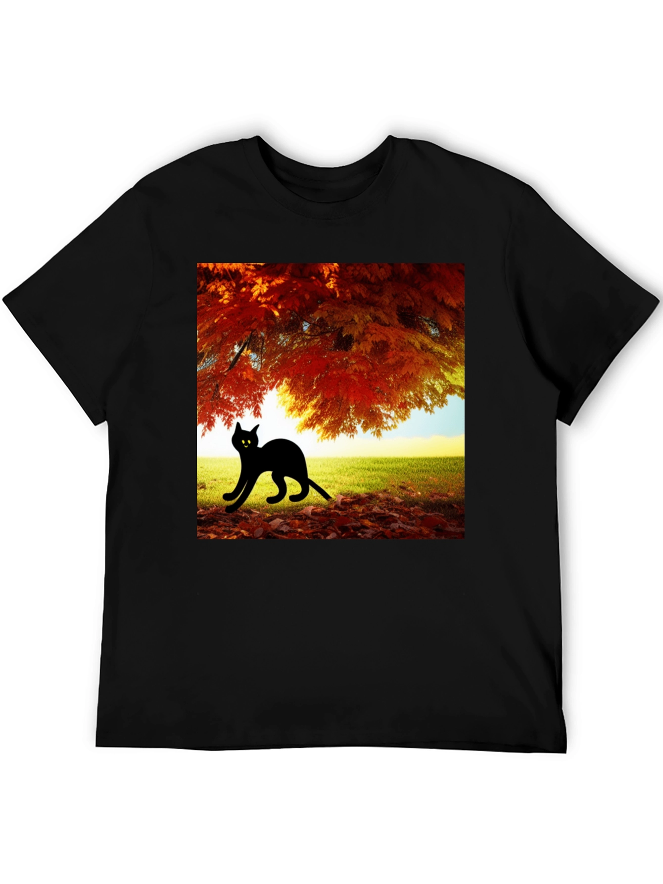 Fall Cat T-Shirt: Black Cat Under Autumn Tree