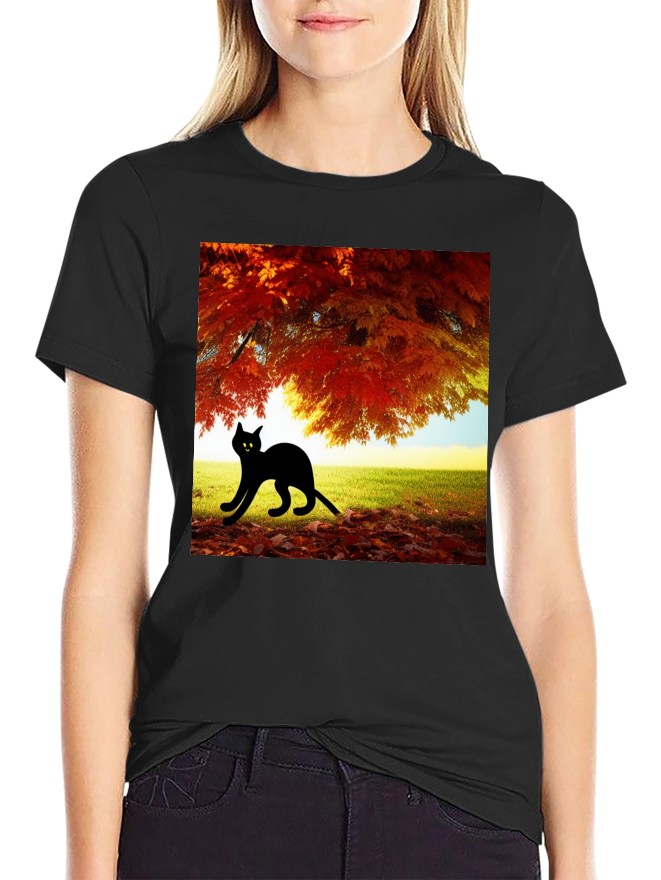 Fall Cat T-Shirt: Black Cat Under Autumn Tree