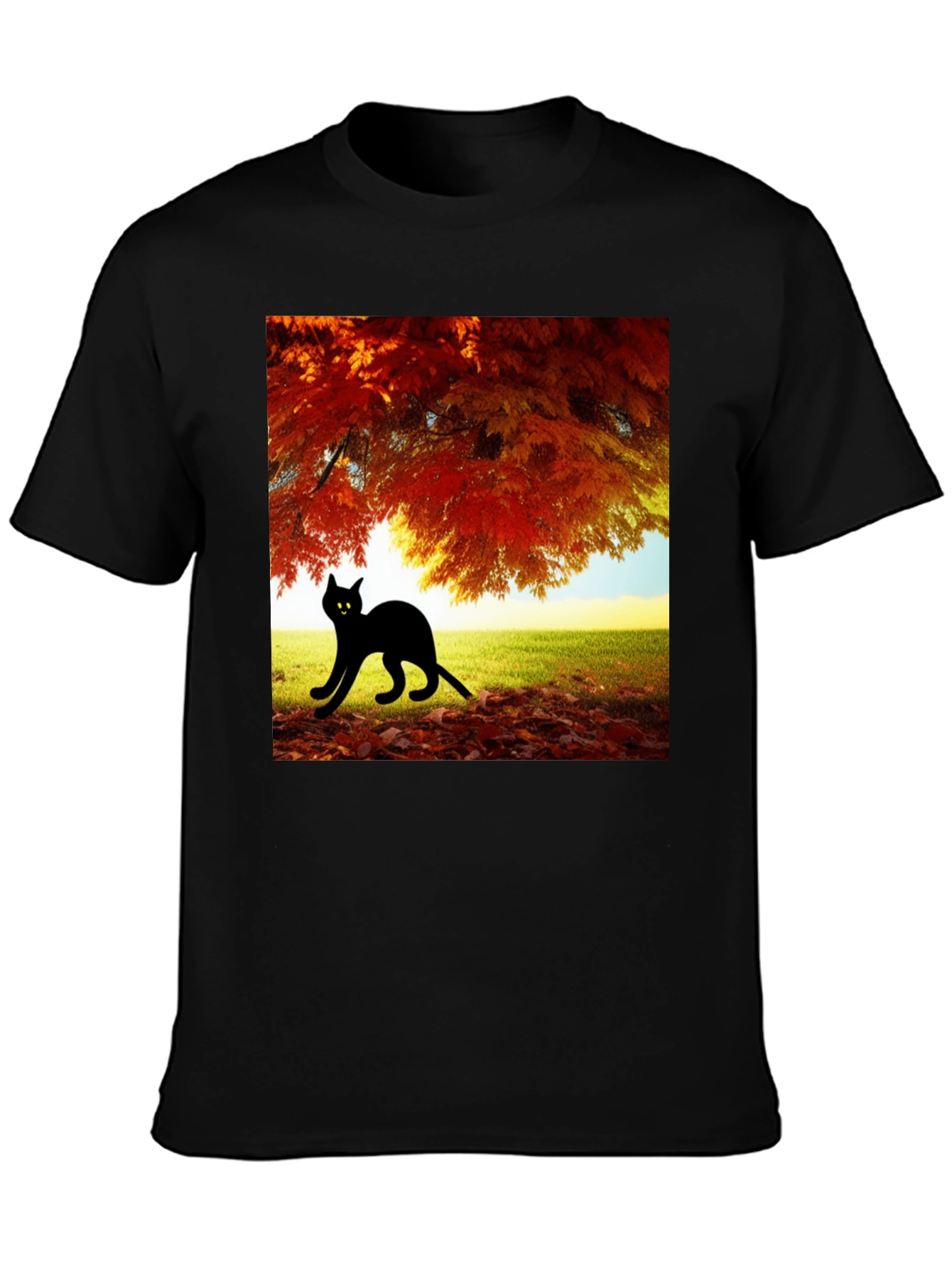 Fall Cat T-Shirt: Black Cat Under Autumn Tree