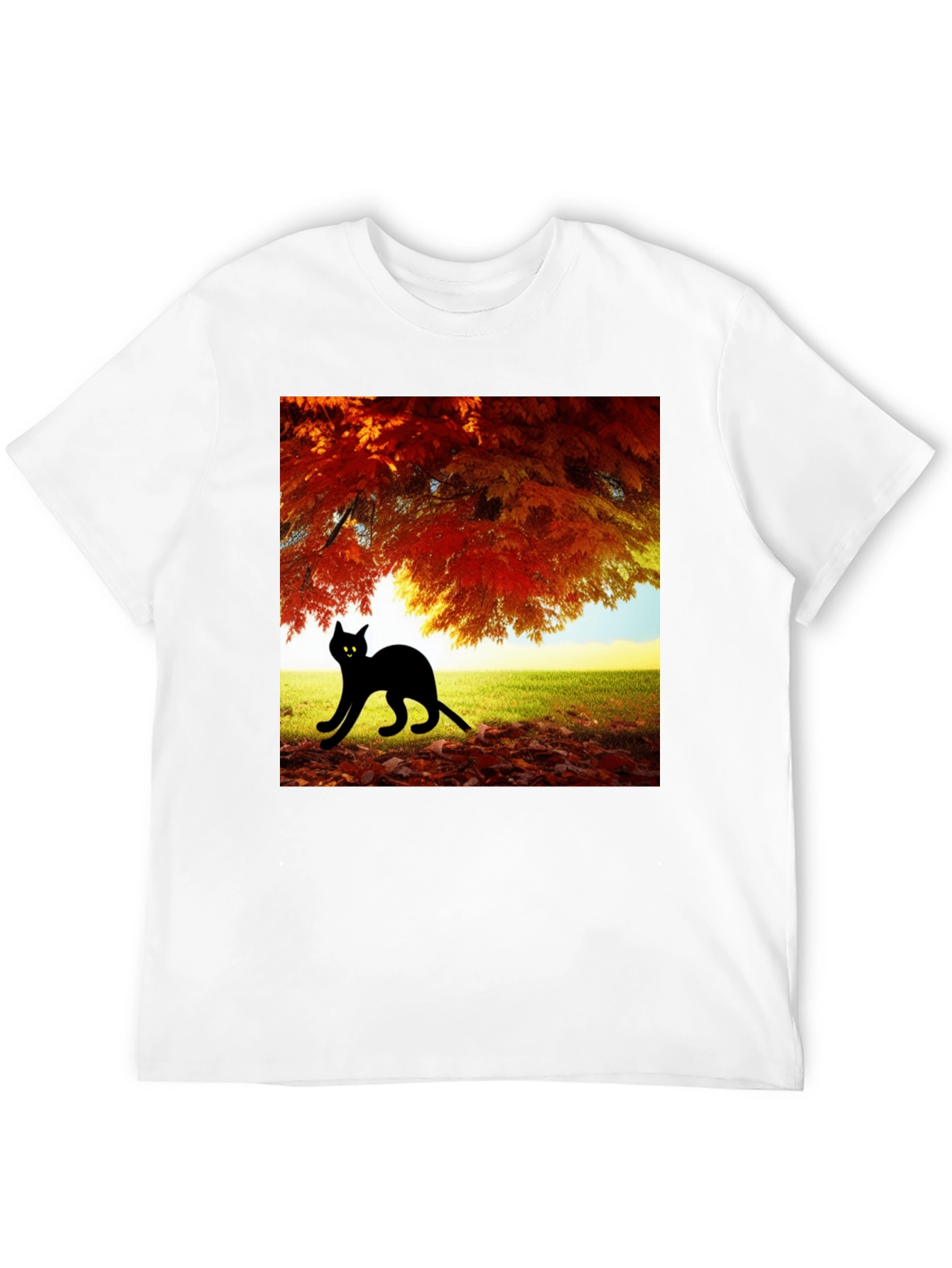 Fall Cat T-Shirt: Black Cat Under Autumn Tree