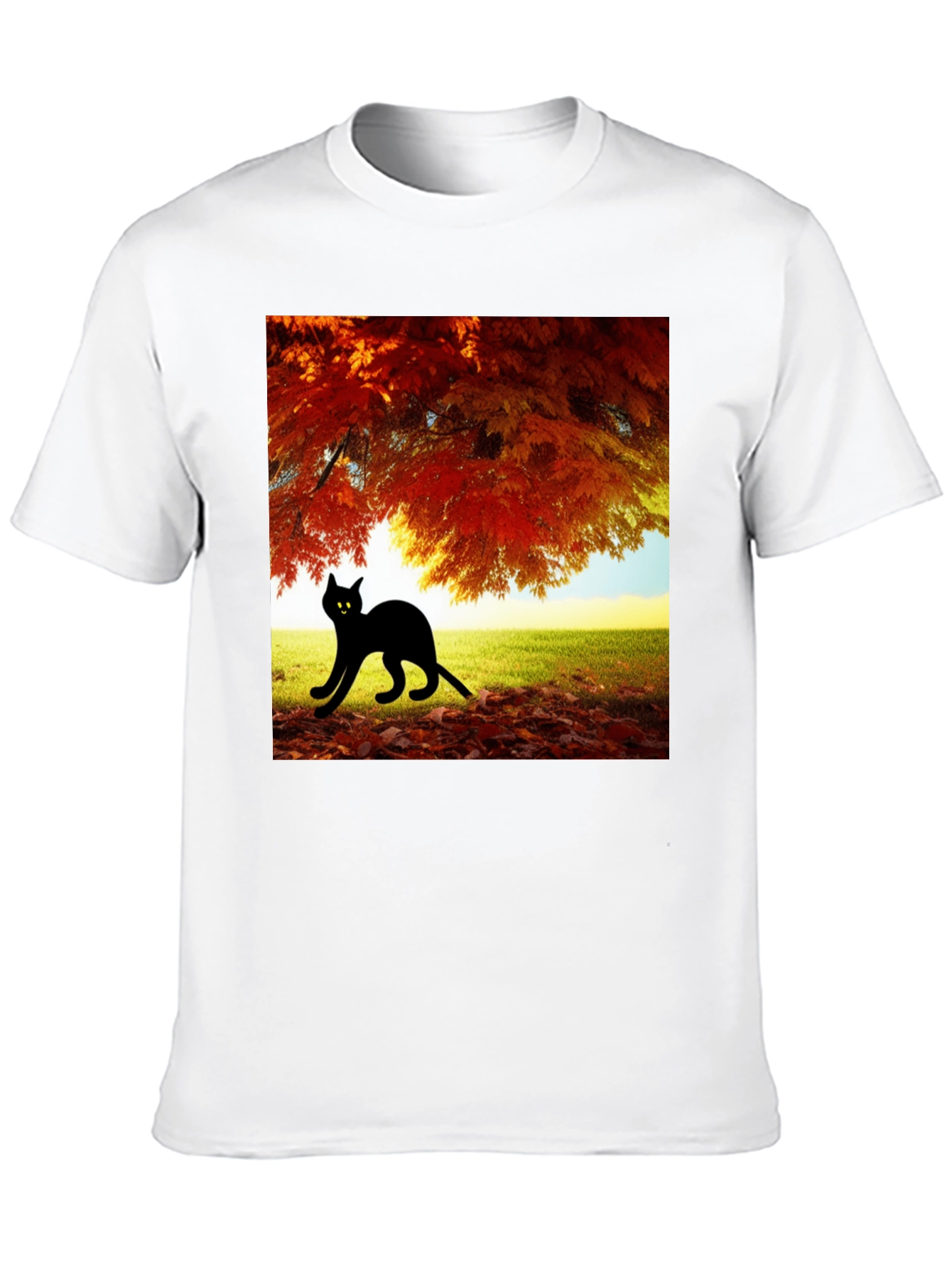 Fall Cat T-Shirt: Black Cat Under Autumn Tree
