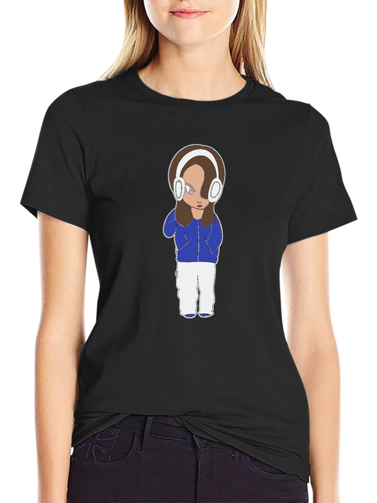 Cartoon Girl Headphones Black T-Shirt