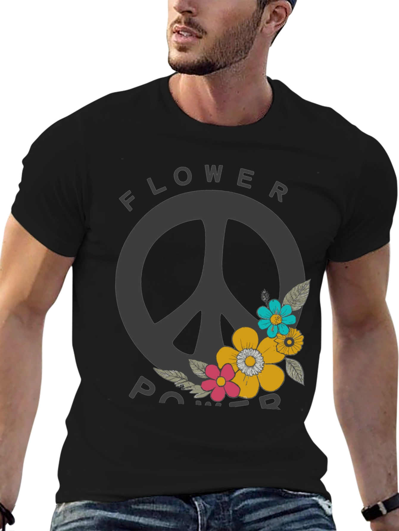 Flower Power Peace Sign Graphic Tee - Black