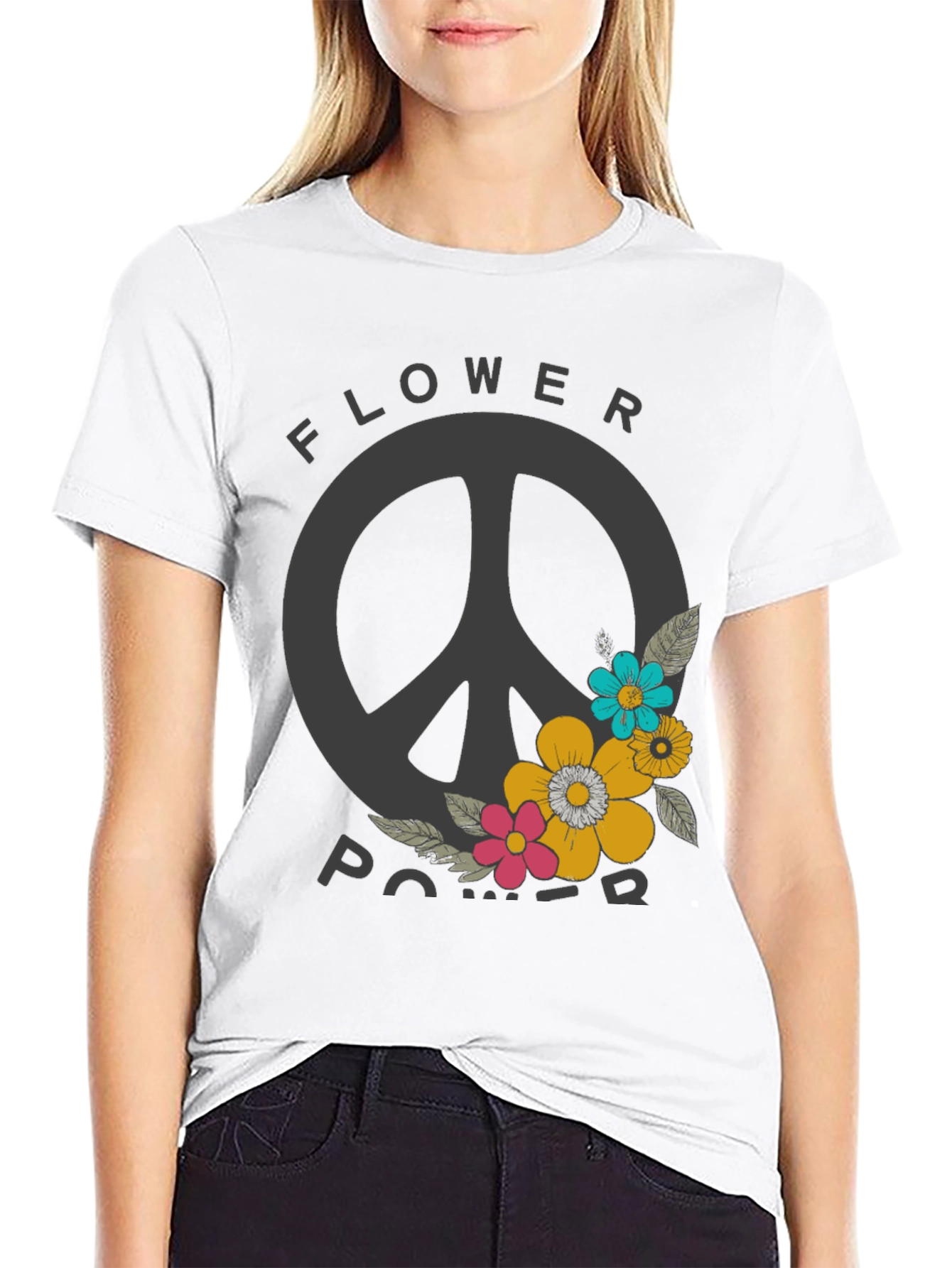 Flower Power Peace Sign Graphic Tee - Black