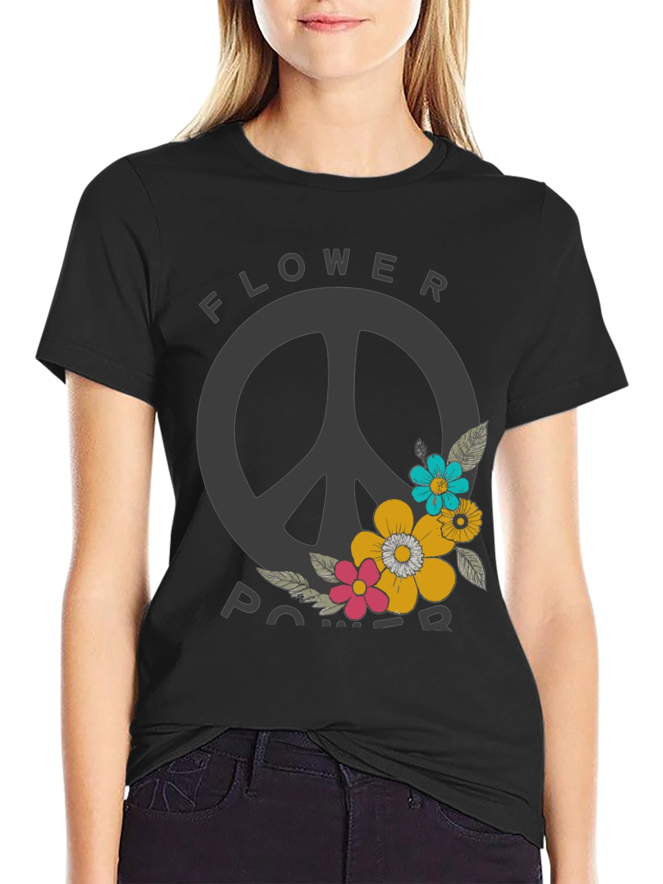 Flower Power Peace Sign Graphic Tee - Black