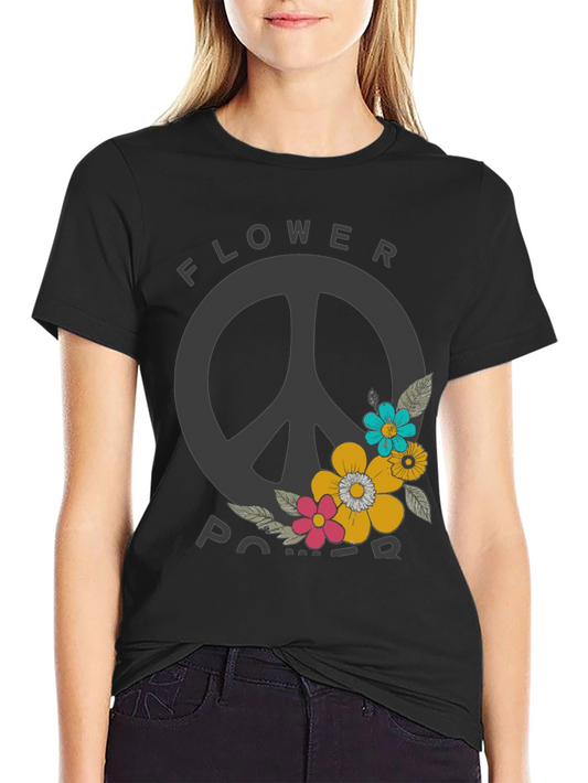 Flower Power Peace Sign Graphic Tee - Black