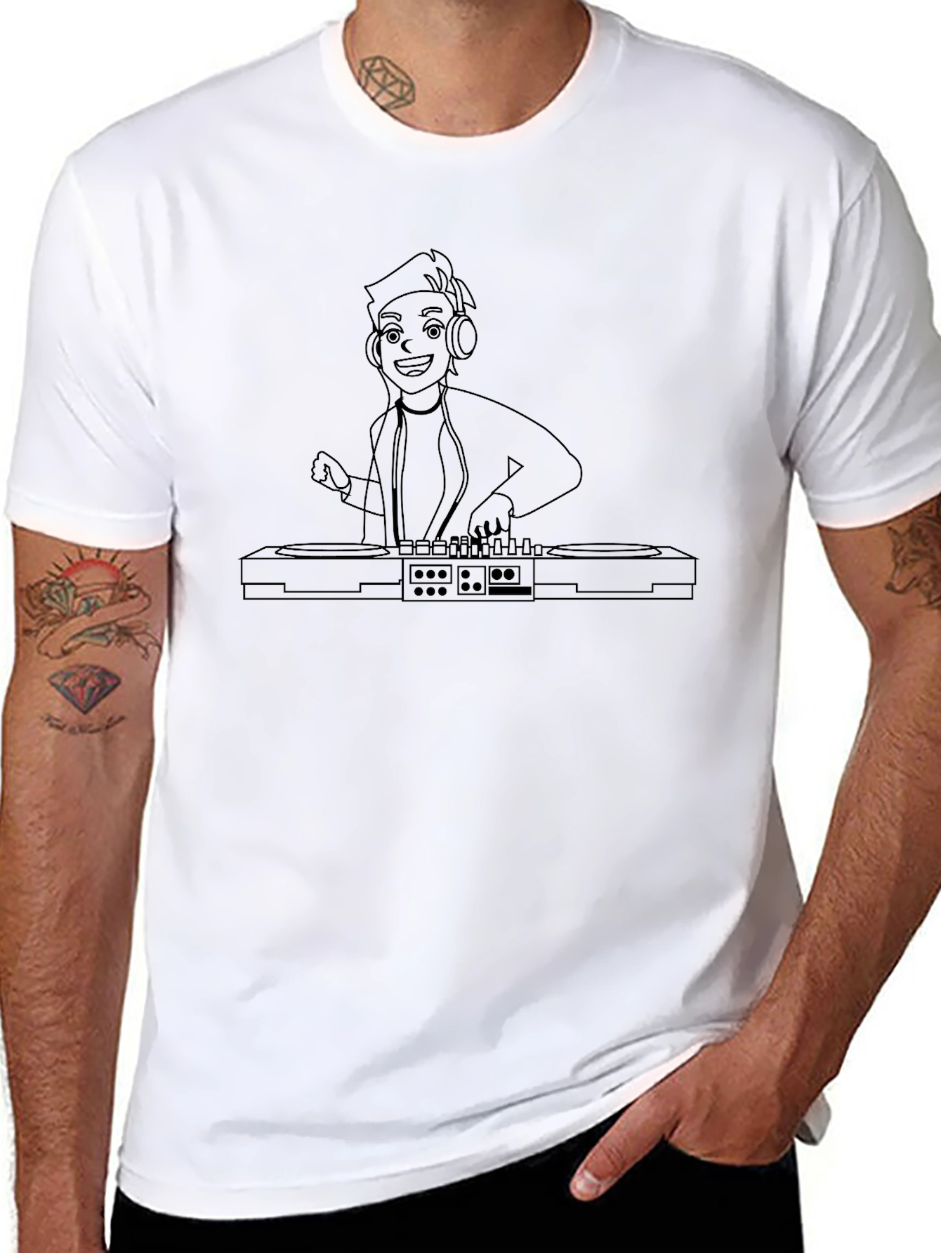 DJ Cartoon Outline T-Shirt - Black
