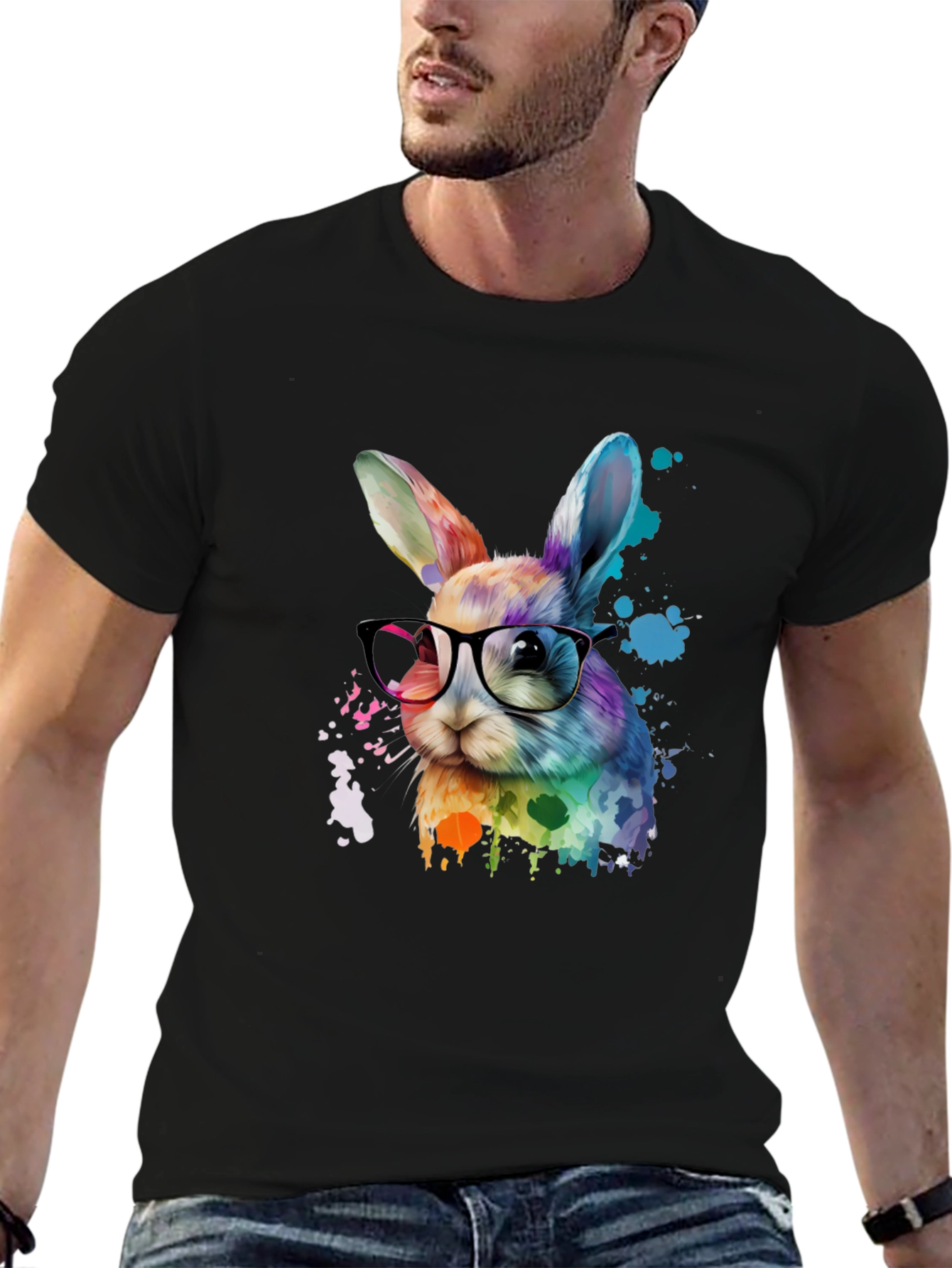 Rainbow Bunny T-Shirt with Glasses - Artistic Design