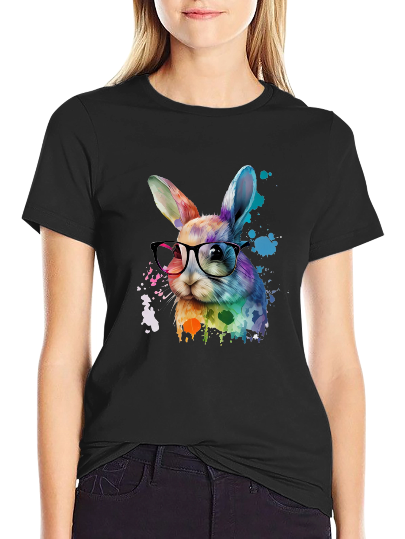 Rainbow Bunny T-Shirt with Glasses - Artistic Design