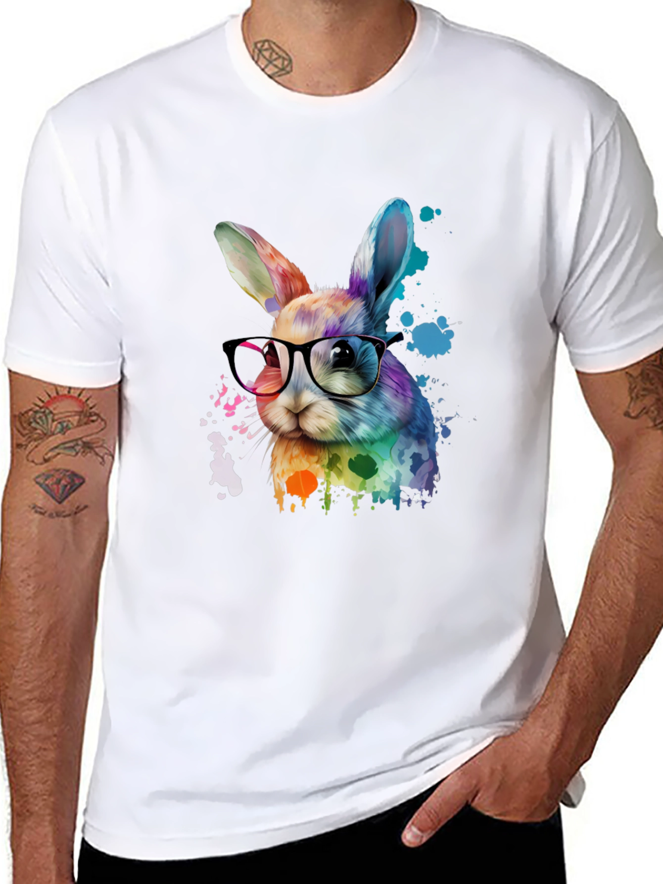 Rainbow Bunny T-Shirt with Glasses - Artistic Design