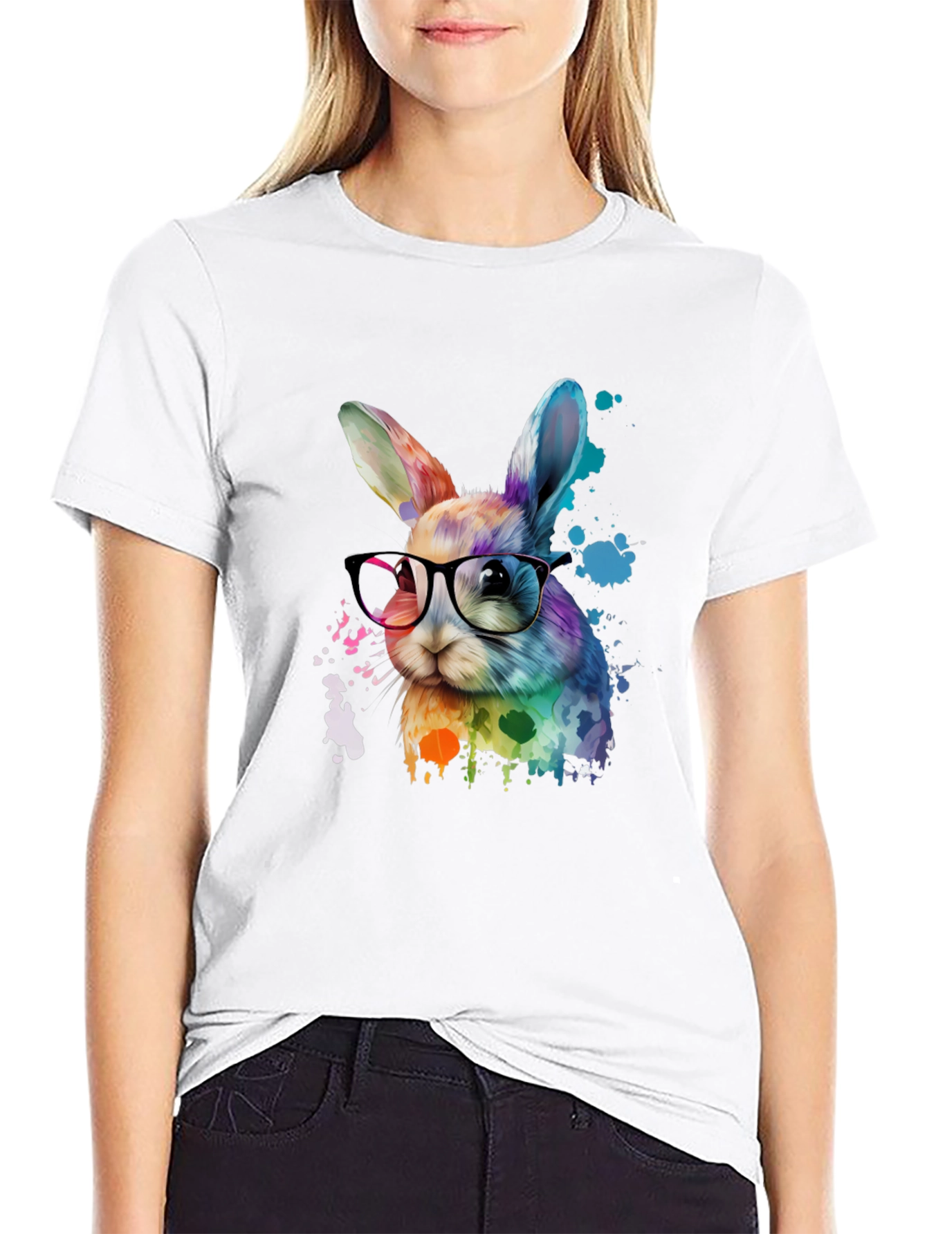 Rainbow Bunny T-Shirt with Glasses - Artistic Design