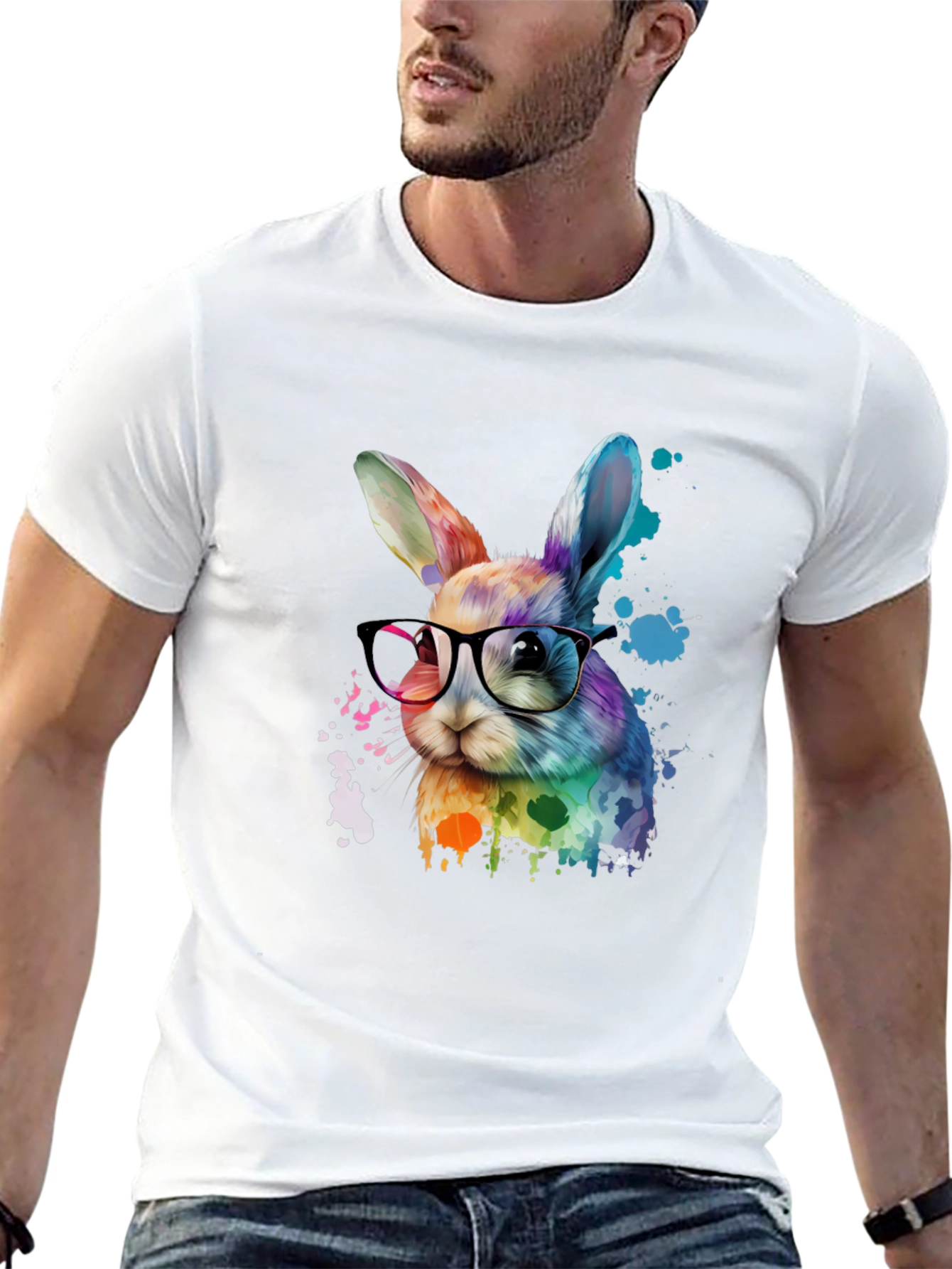 Rainbow Bunny T-Shirt with Glasses - Artistic Design