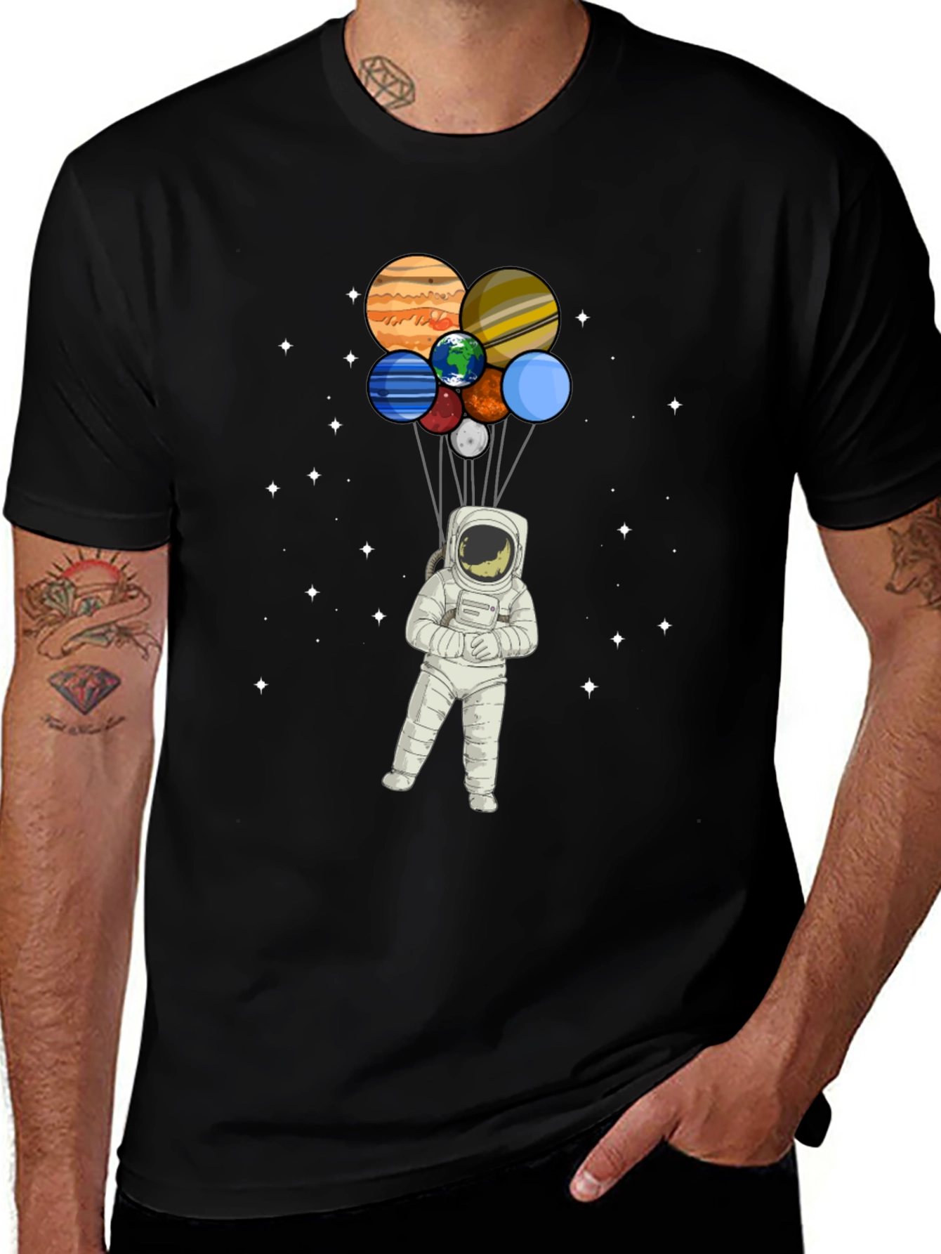 Astronaut Planet Balloon Graphic Tee - Black