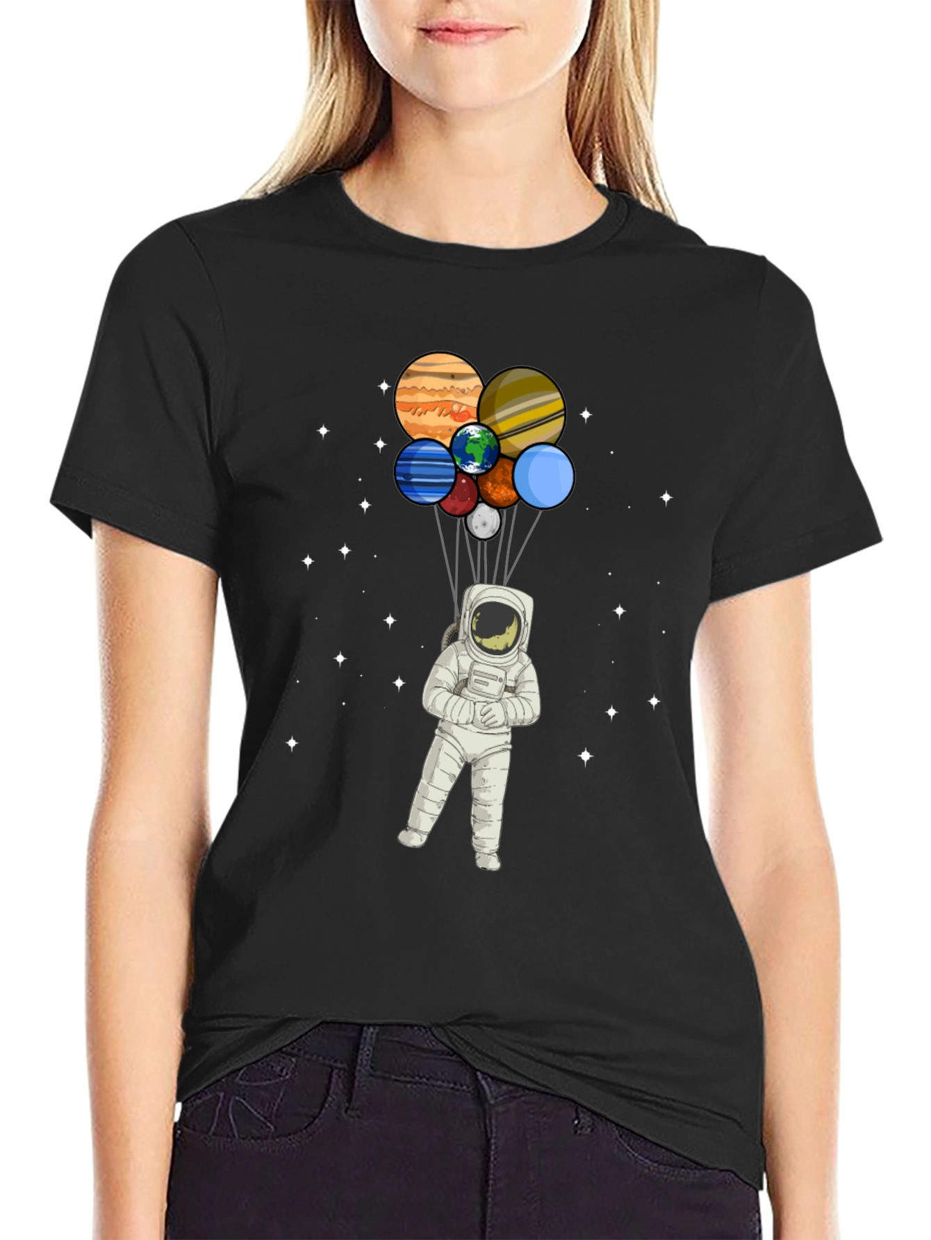Astronaut Planet Balloon Graphic Tee - Black