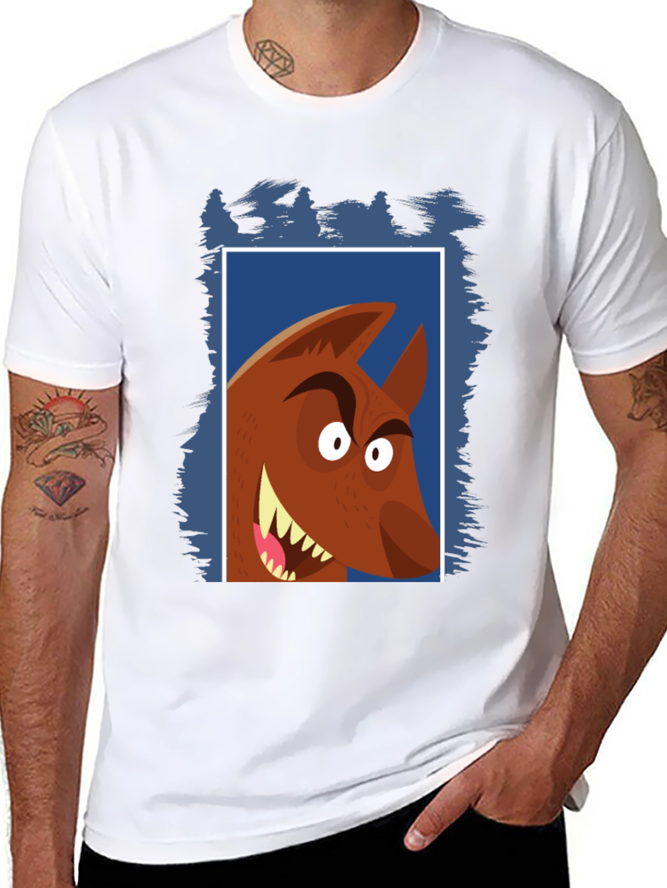 Cartoon Wolf Graphic Tee - Black Cotton T-Shirt