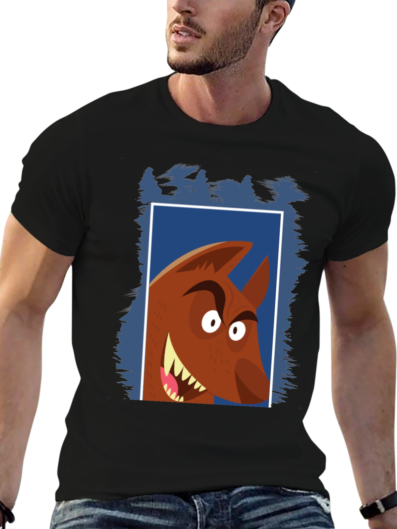 Cartoon Wolf Graphic Tee - Black Cotton T-Shirt