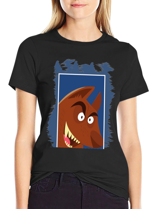 Cartoon Wolf Graphic Tee - Black Cotton T-Shirt