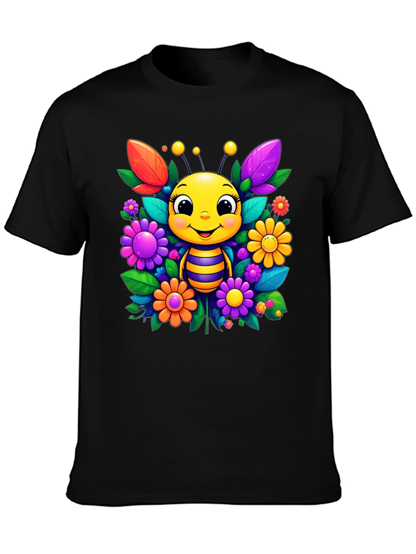 Cute Bee & Flower Graphic Tee - Black Unisex