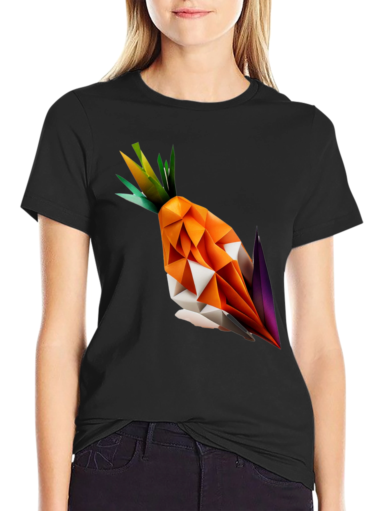 Geometric Origami Carrot Black T-Shirt