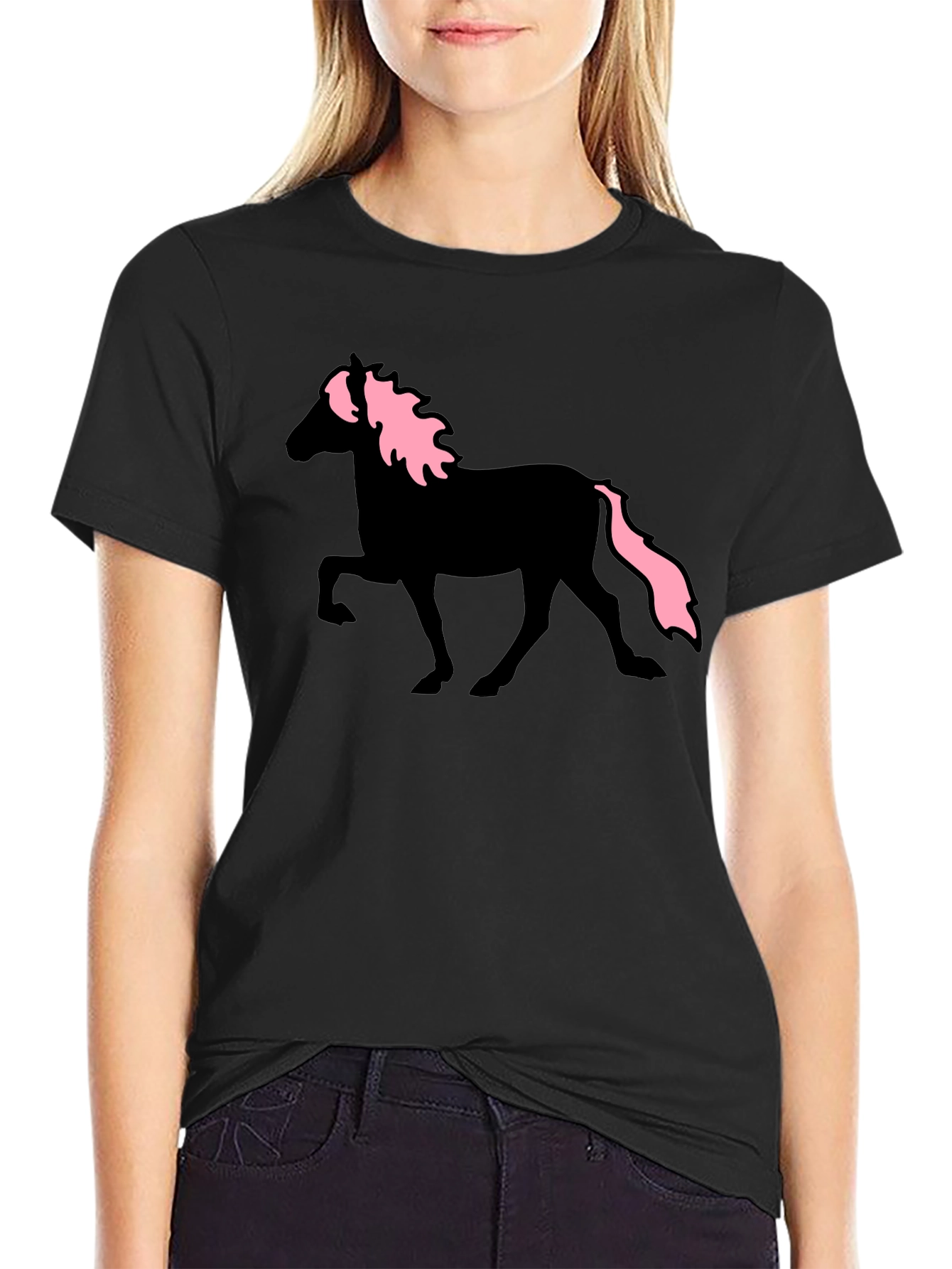 Black Horse T-Shirt with Pink Mane & Tail