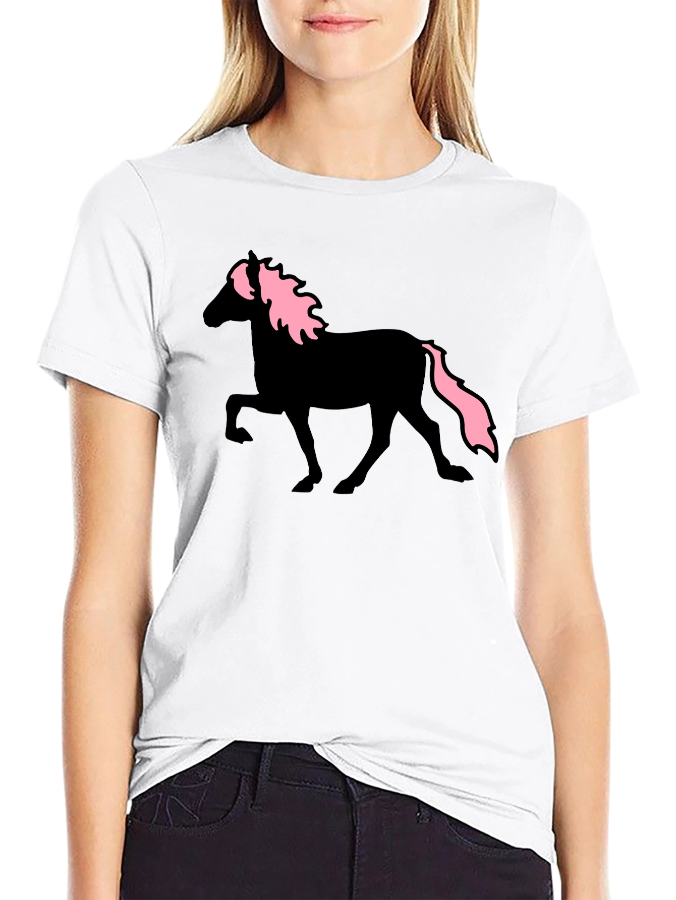 Black Horse T-Shirt with Pink Mane & Tail