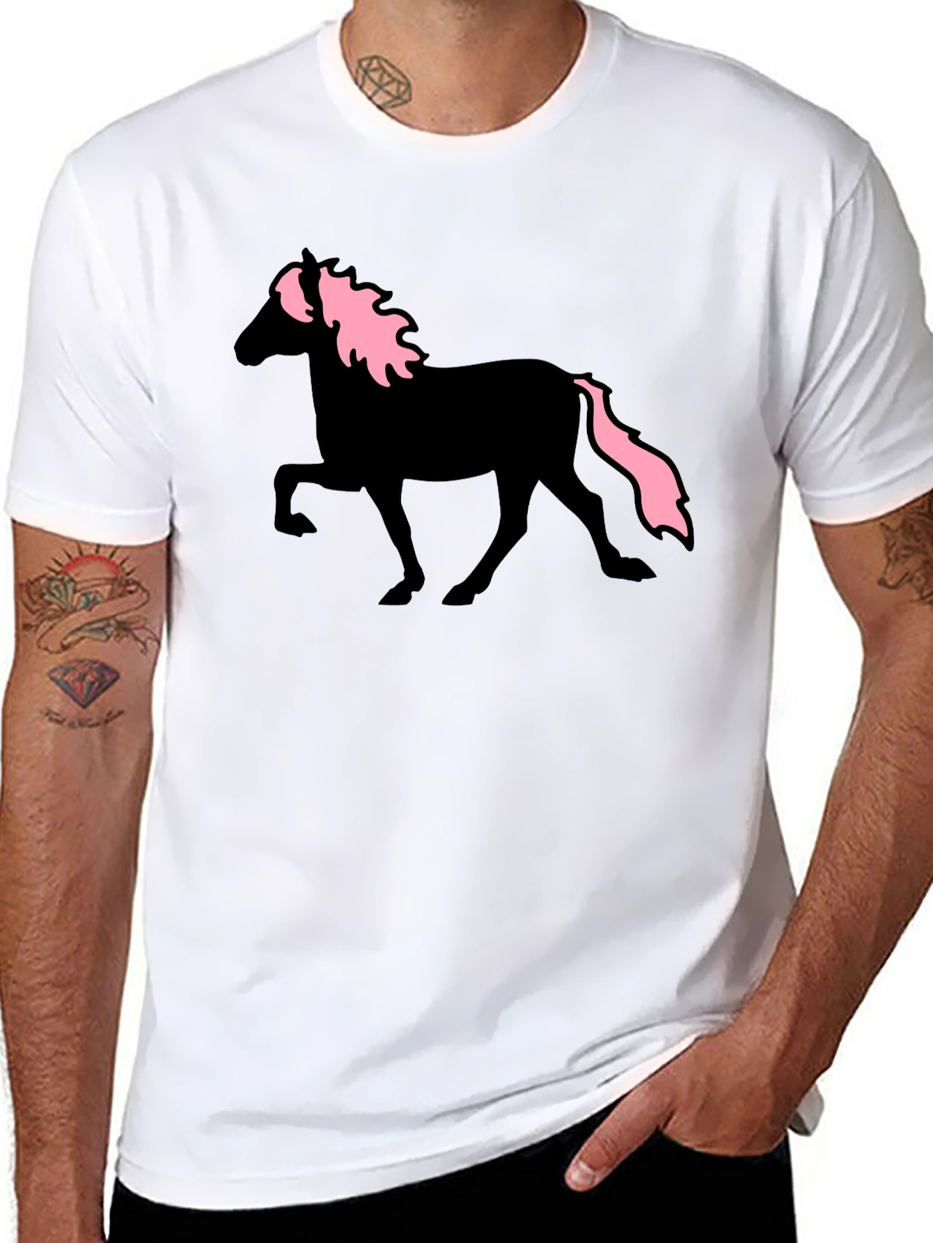 Black Horse T-Shirt with Pink Mane & Tail