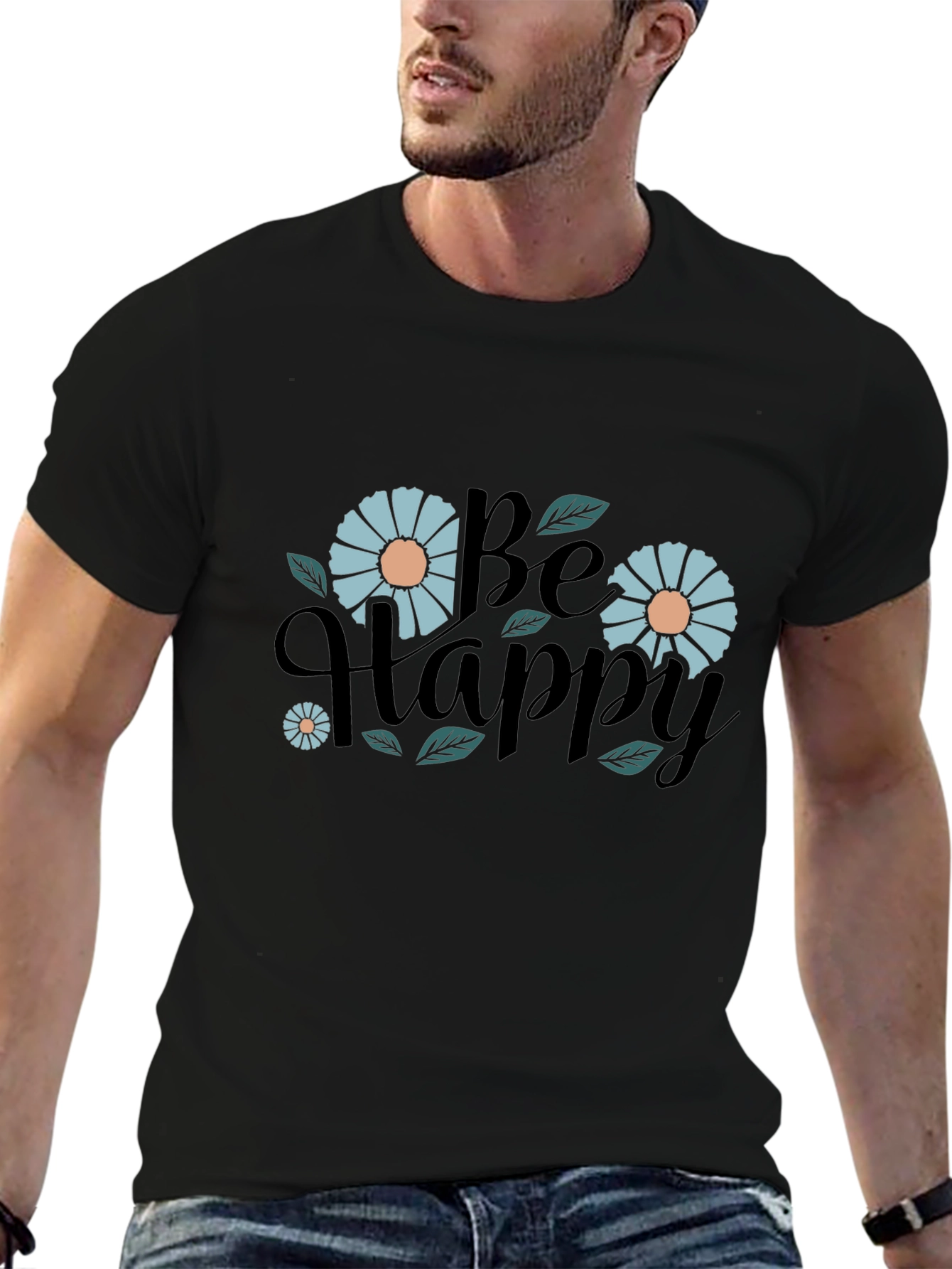 Be Happy Graphic Print Black T-Shirt